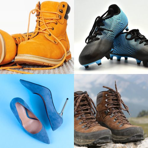 A grid of four images - yellow work boots, blue soccar cleats, blue high heels, and brown hiking boots.