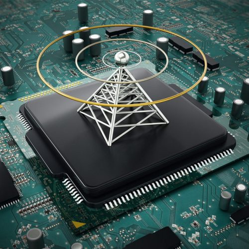 CGI image of a circuit board and a small radio tower on top with broadcast lines radiating outward