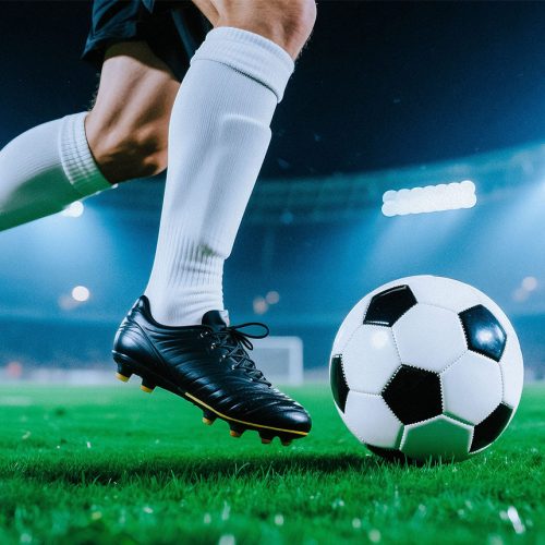 Side shot of a soccer cleat about to kick a soccer ball.